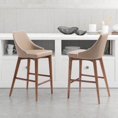Beige Leatherette and Walnut Wood Counter Stool