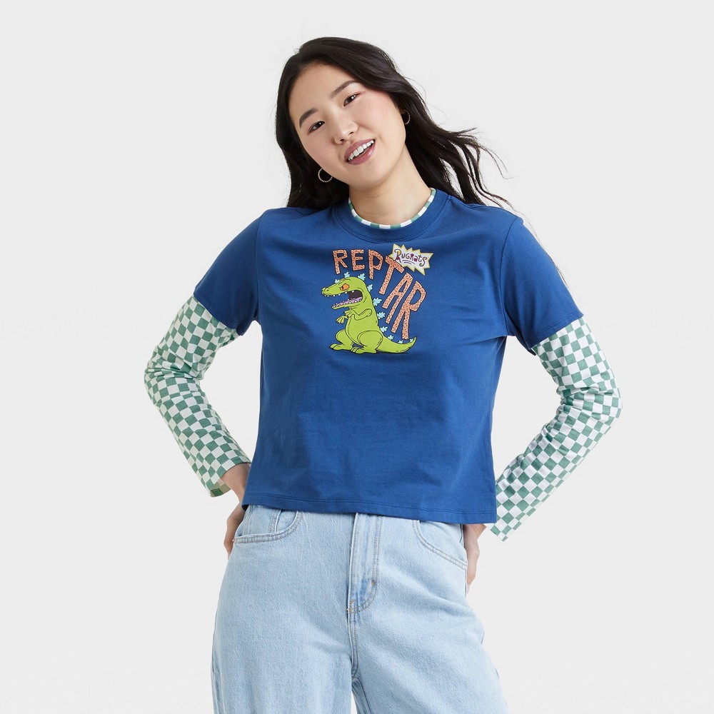 Large Women's Reptar Long Sleeve Graphic T-Shirt - Blue Checkered L