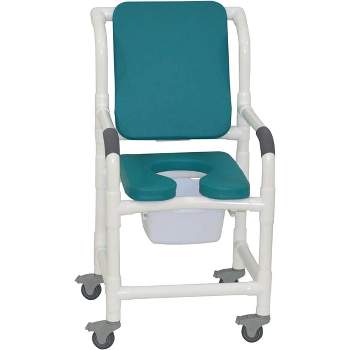 MJM International Corporation Shower chair 18 in width 3 in total locking casters BLUE seat cushion padded back 10 qt slide out commode 300 lbs wt