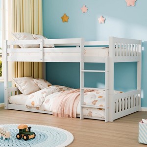 JOYMOR Solid Wood Low Twin Over Twin Bunk Bed for Kids/Junior, Bunk Bed Frame with Guardrails & Ladder for Boys Girls, No Box Spring Needed (White) - 1 of 4