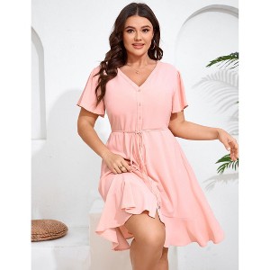 YESFASHION Women Plus Size Button Down V Neck Midi Dress Short Sleeve Ruffle Casual Summer Dress - 1 of 4