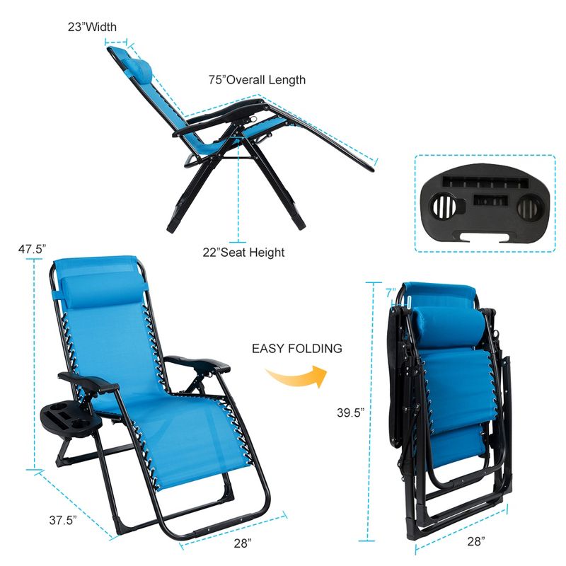 Tangkula Oversized Zero Gravity Lounge Chair Folding Recliner w/ Cup Holder & Pillow Blue, 3 of 6