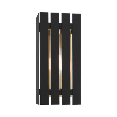 Black and Satin Brass Dimmable Outdoor Wall Lantern with Clear Glass