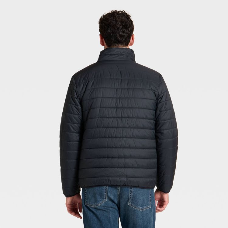 Black colored quilted jacket with a high collar, viewed from the back.