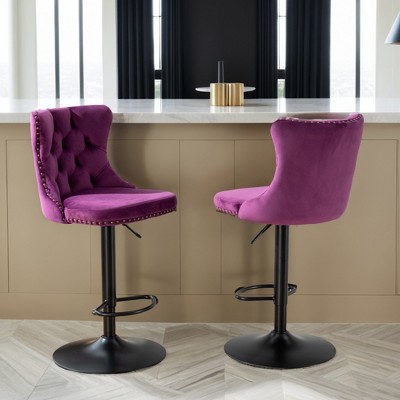 Swivel Bar Stools Set of 2, Upholstered Bar Stools with Nailheads Trim and Velvet Tufted Back, Adjustable Counter Height Bar Stools - Leovsnove