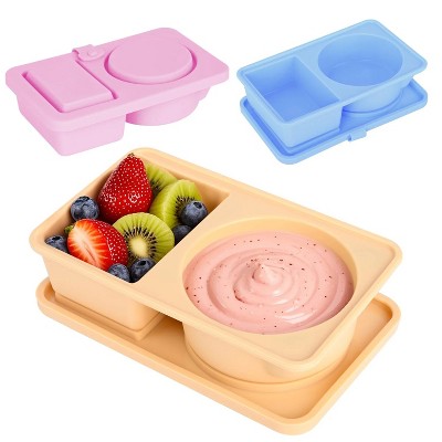 LunaLulinlk 3-Pack Silicone Dual Compartment Reusable Snack Boxes, Food Containers, and Condiment Containers with Lids