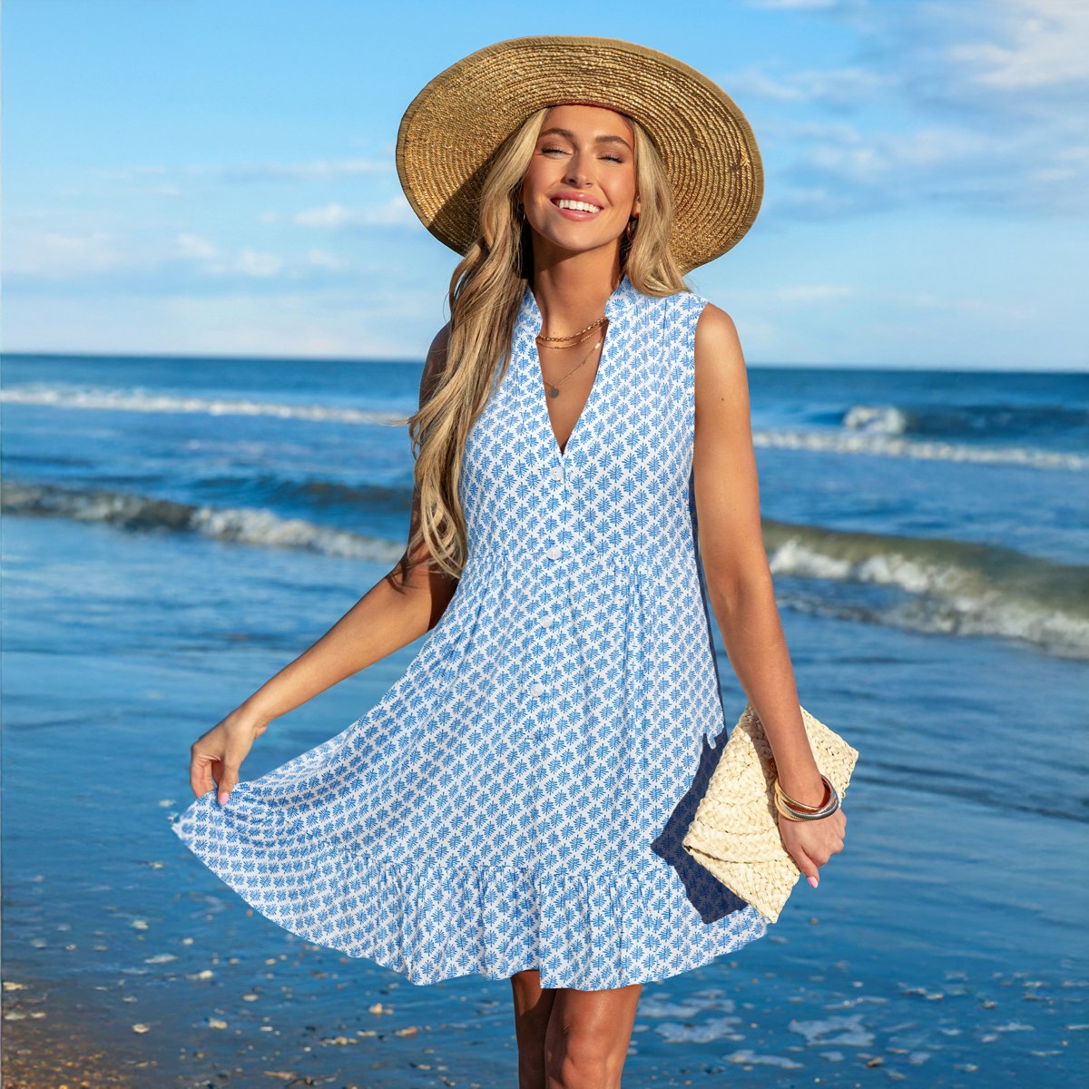 Женские платья Cupshe Women's Breezy Blue Leaf Print Sleeveless Swing Dress-M-Blue — фото 2