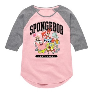 Girls' - SpongeBob SquarePants - Collegiate Shirt Tail Raglan Graphic T-shirt - 1 of 3