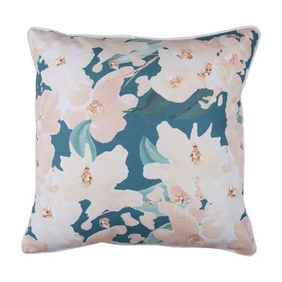 HomeRoots 18" Blue and Pink Floral Throw Pillow Cover