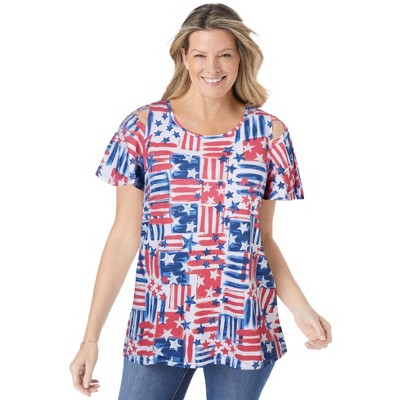 Woman Within Women's Plus Size Lattice-Detail Cold-Shoulder Tee