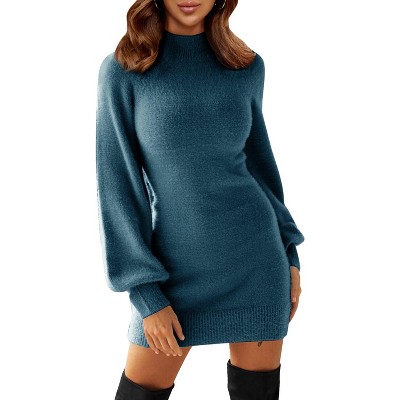 EXLURA Women's Mock Neck Ribbed Long Sleeve Bodycon Pullover Cute Mini Sweater Dress