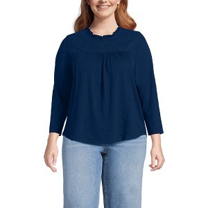 Lands' End Women's 3/4 Sleeve Cotton Slub Lace Trim Top - 1 of 4