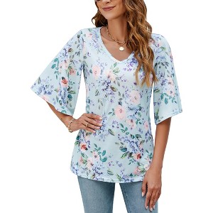 Women's 3/4 Bell Sleeve Shirt Loose Fit V Neck Blouse Cute Tops - 1 of 4