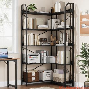 Corner Bookshelf 72"/86" l Shaped Bookcase, Corner Bookshelves Industrial Bookcase 5/7 Tier l-Shape Bookshelf, Large Bookcases with Beaded Design - 1 of 4