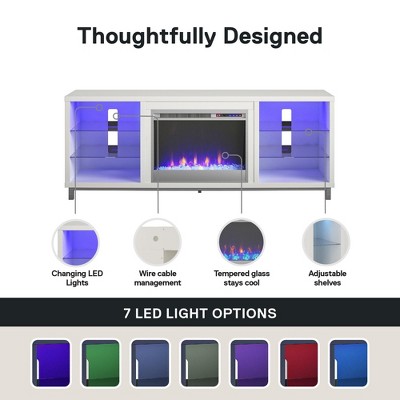 White Modern Fireplace TV Stand with LED Shelves for 70" TVs