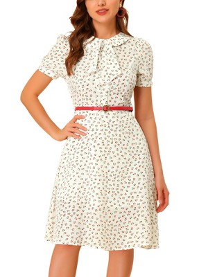 INSPIRE CHIC Women's Peter Pan Collar Tie Neck Short Sleeve A-Line Elegant Belted Floral Dress