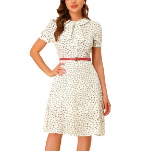 INSPIRE CHIC Women's Peter Pan Collar Tie Neck Short Sleeve A-Line Elegant Belted Floral Dress - 1 of 4