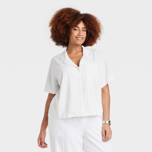 Women's Linen Short Sleeve Button-down Camp Shirt - A New Day™ White Xxl :  Target