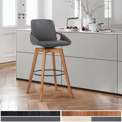 Gray Faux Leather and Walnut Wood Swivel Bar Stool