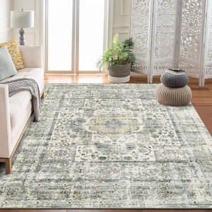 Machine Washable Boho Rug Oriental Medallion Stain-Resistant Non-Shed Soft Vintage Floral Indoor Low Pile Dining Room - 1 of 4
