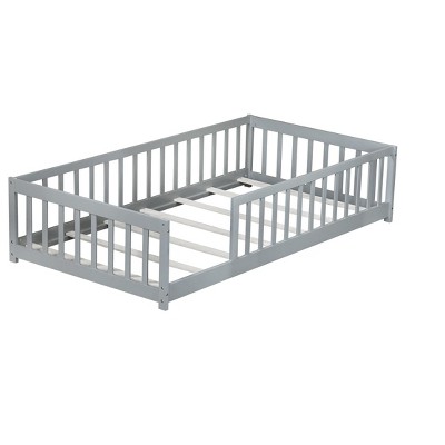 Bellemave Twin Size Floor Bed with slats for Kids, Girls, Boys, Wood Montessori Floor Bed with Guard Rails, Without Door,  Gray