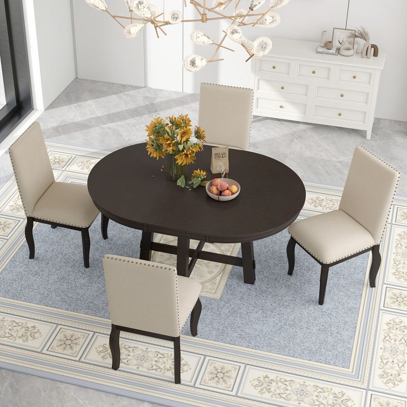 5 PCS Round Wood Extendable Dining Table Set with 4 Upholstered Dining Chairs-ModernLuxe, 2 of 15