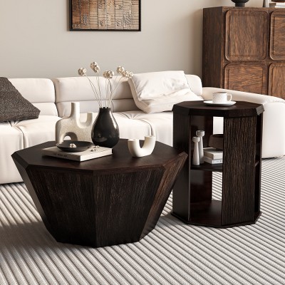 31.5 inOctagonal Black Walnut Rubber wood Set of Two Coffee Table, Coffee Table, Living Room Bedroom(Set of Two Pieces)