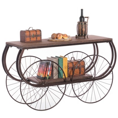 Vintiquewise Two Tier Wagon Style Industrial Wooden and Metal Side End Table with Big Wheels