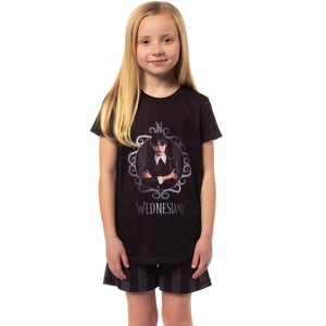 Wednesday Addams Girls' Striped Sleep Pajama Set Shorts and Shirt Black - 1 of 4