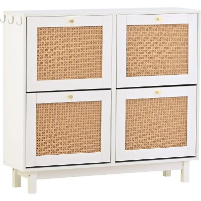 Rattan Boho Style Shoe Cabinet with 4 Flip Drawers, Modern 2-Tier Shoe Storage Organizer with Large Storage Space,  Free Standing Shoe Rack