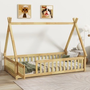 KWPZQEB Floor Bed with Safety Guardrails for Kids, Montessori Bed with Tent-Shaped & Wood Slats, Floor Bed Frame for Girls and Boys - 1 of 4