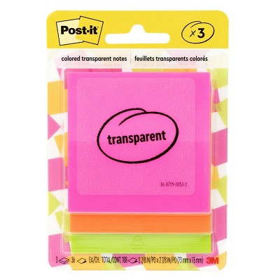 Post-it Transparent Notes Notes 2.8" x 2.8" Assorted Collection 30 Sheet/Pad 3 Pads/Pack (600-3COL)