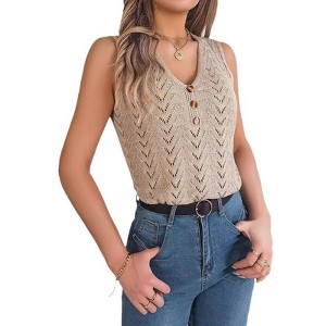 Coolmee Women's Summer Knit Vest Tank Top Button Down Fitted Sleeveless V Neck Loose Vacation Casual Tank - 1 of 4