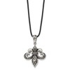 Black Bow Jewelry Stainless Steel & Leather Cord Antiqued Fleur de lis Necklace, 20 Inch - 2 of 4