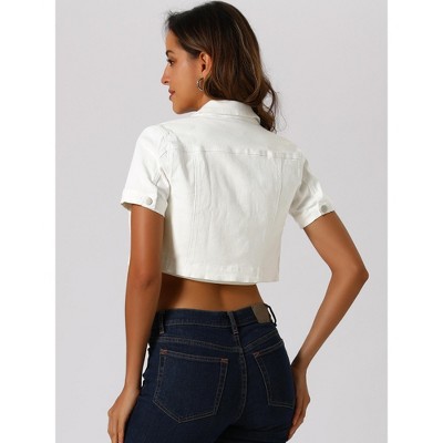 Allegra K Women's Turndown Collar Short Sleeves Crop Casual Jean Jackets Medium White — фото 3