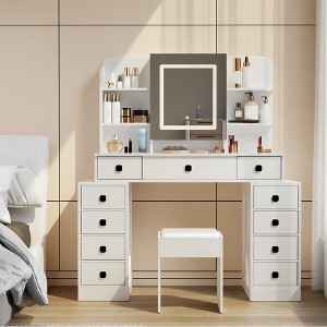 Vanity Desk With Mirror And 3 Modes Lights, Dressing Table With Open Shelves, 11 Drawer, 1 Makeup Stool, Vanity Desk And Stool Set For Dressing Room - 1 of 4