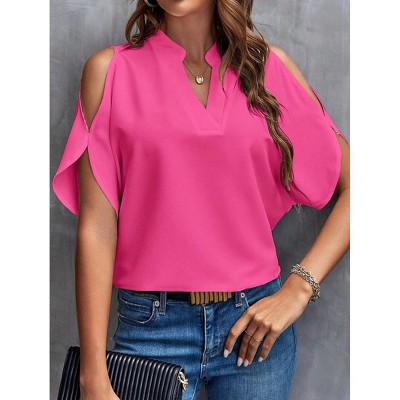 Womens Clod Shoudler Short Sleeve Blouse V Neck Tops Summer Casual Tops