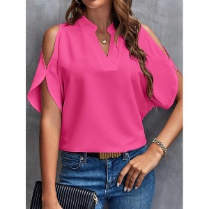 Womens Clod Shoudler Short Sleeve Blouse V Neck Tops Summer Casual Tops - 1 of 2