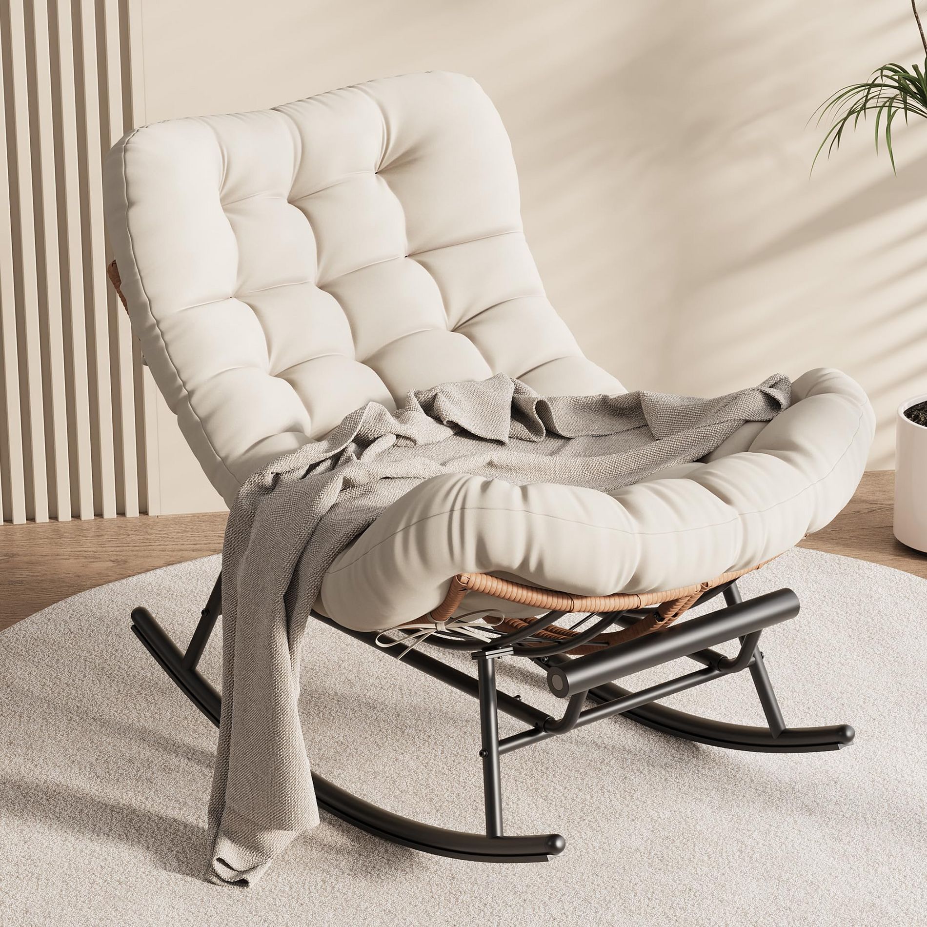 Papasan Rocking Chair with Thick Cushion & Footrest – Oversized Patio Rocker, All-Weather Wicker Lounge Chair for Garden, Porch, Living Room - Beige