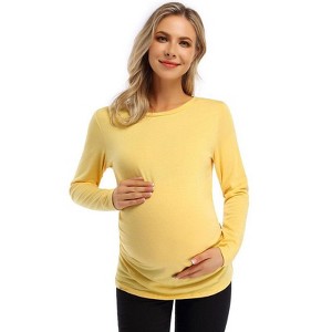 Coolmee Maternity Shirt Long Sleeve Basic Top Ruch Sides Bodycon Tshirt for Pregnant Women with Button - 1 of 4