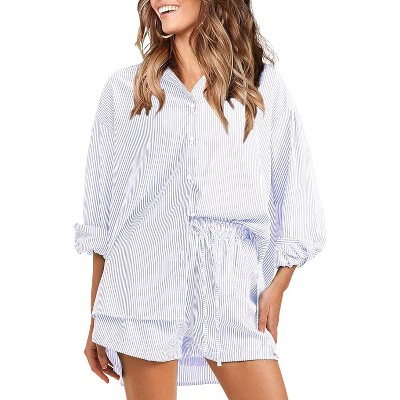 EXLURA Women's Summer 2 Piece Sets Long Sleeve Button Down Shirts Matching Short Sets Oversized Spring Vacation Outfits