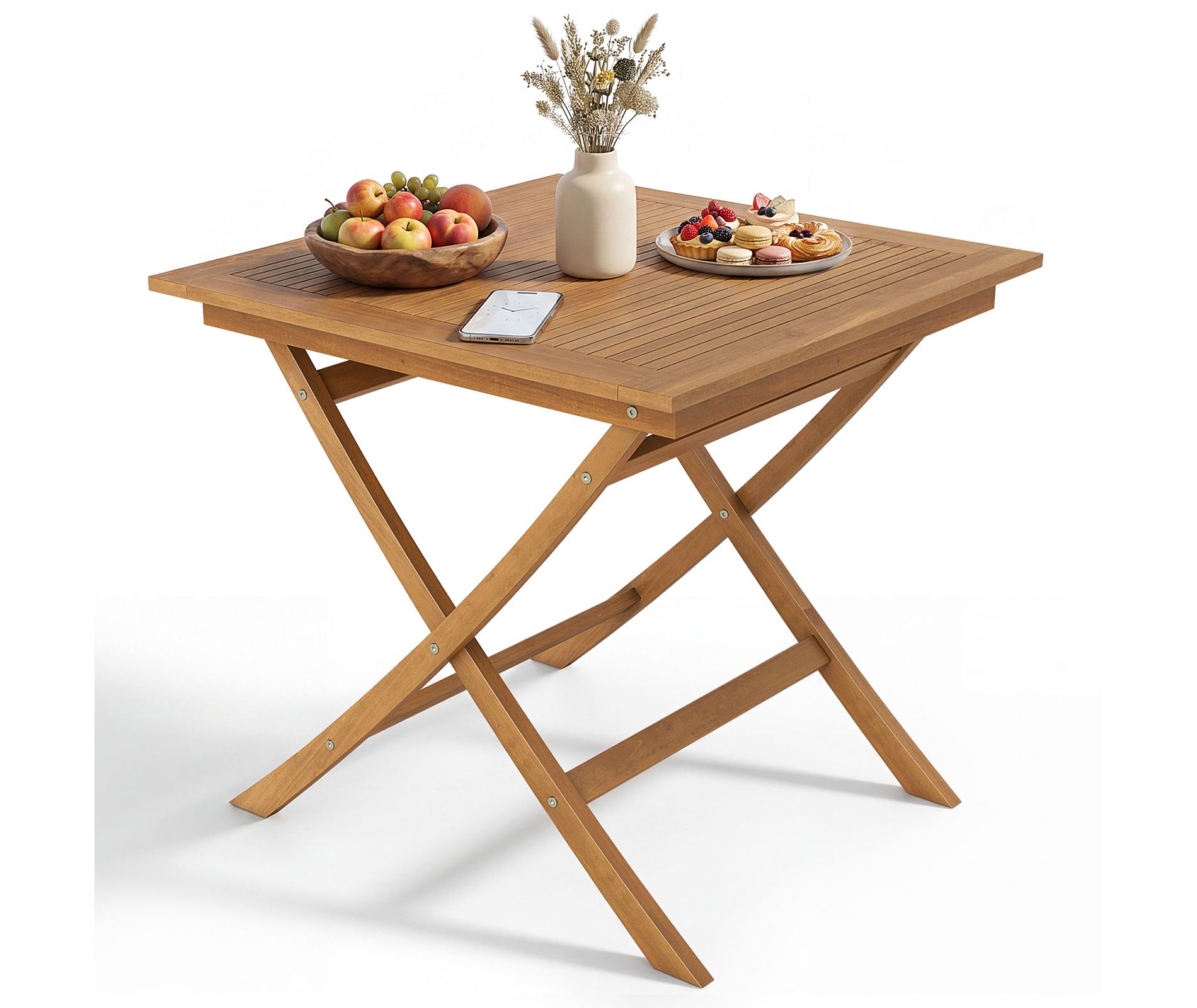 Costway Solid Teak Wood Folding Outdoor Table, 32-Inch Square Patio Dining Table for 4
