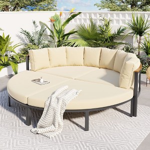 Patio Furniture Set, 4 Piece Round Outdoor Conversation Set With Cushions, Modern Upholstered Couch, All Weather Metal Sectional Sofa, Beige - 1 of 4