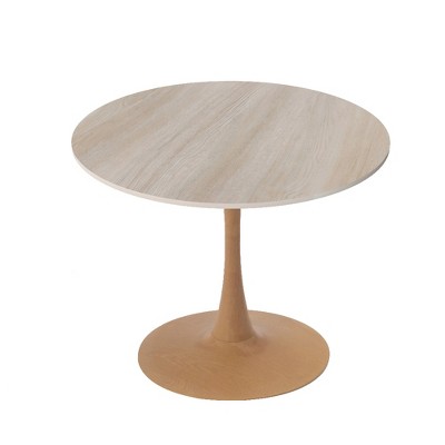 LeisureMod Bristol 27" Round Dining Table with Sintered Stone Top and Natural Wood Steel Pedestal Base for Modern Kitchen and Dining Room