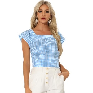 INSPIRE CHIC Women's Summer Square Neck Gingham Cap Sleeve Blouses - 1 of 4