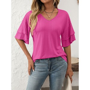 Women's Solid Color Casual Double Flutter Sleeve T-Shirt - Soft Relaxed Fit Tee with Design Detail Sleeves for Everyday Wear - 1 of 4