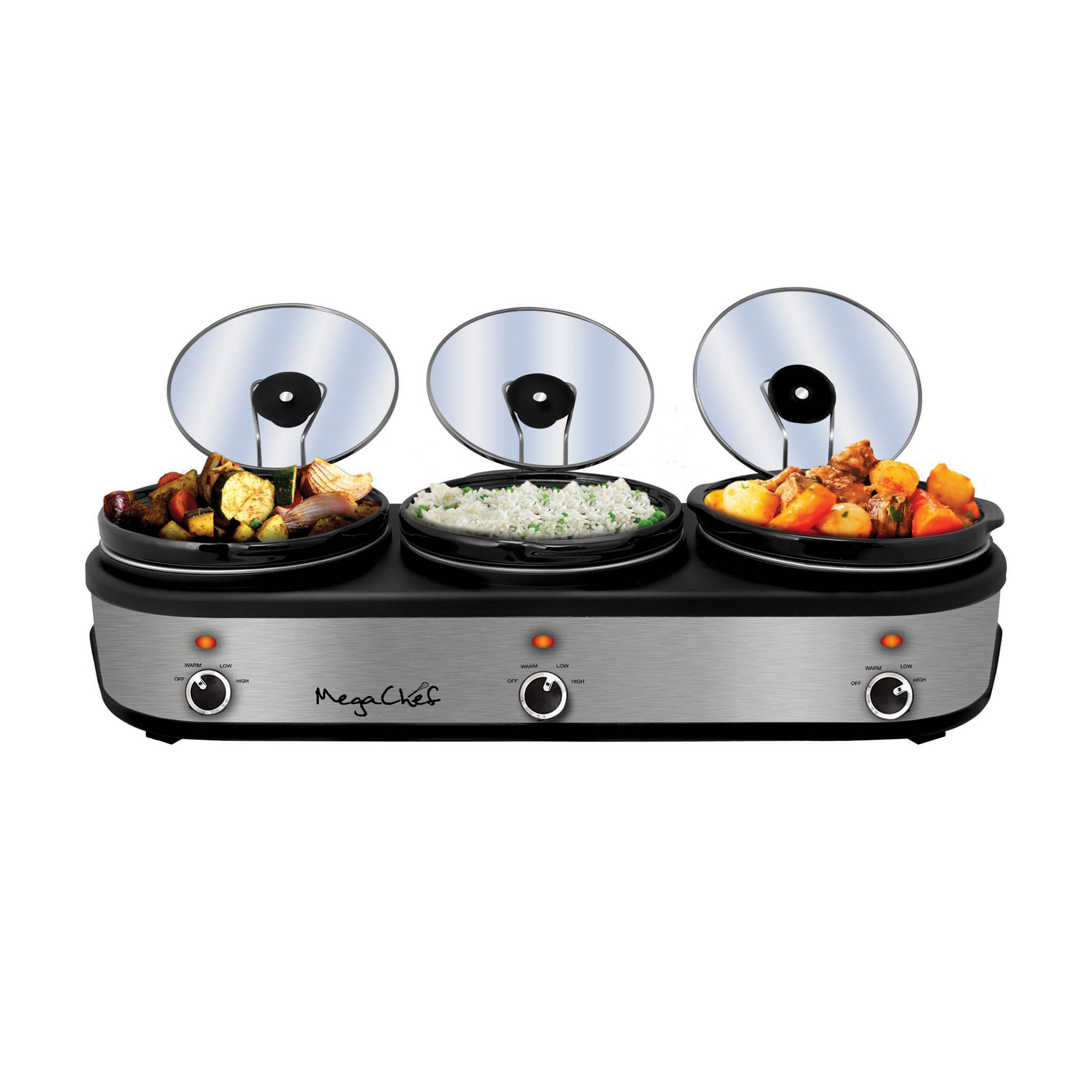 MegaChef Triple 2.5qt Slow Cooker and Buffet Server Stainless Steel