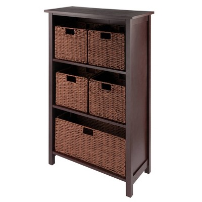 42.99" 6pc Milan Storage Shelf with Baskets Walnut - Winsome: Transitional Style, Wood Frame, Fixed Shelves