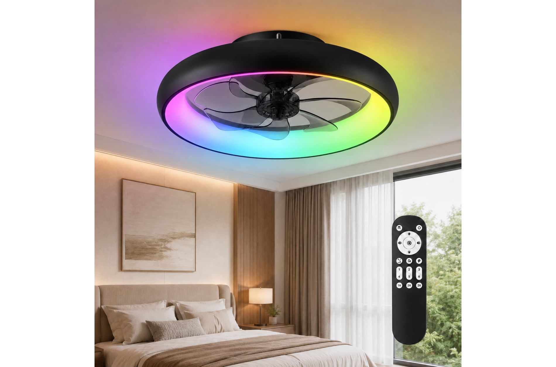 20-In Modern Round RGB Ceiling Fan with Remote, LED Light with Adjustable Color Temperature, 6-Speed Energy-Efficient DC Motor