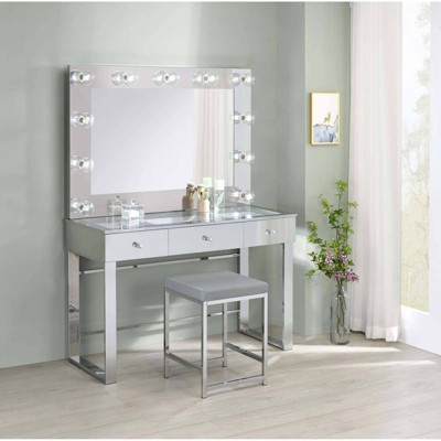 Contemporary Modern Light Grey Leatherette Vanity Stool with Chrome Base